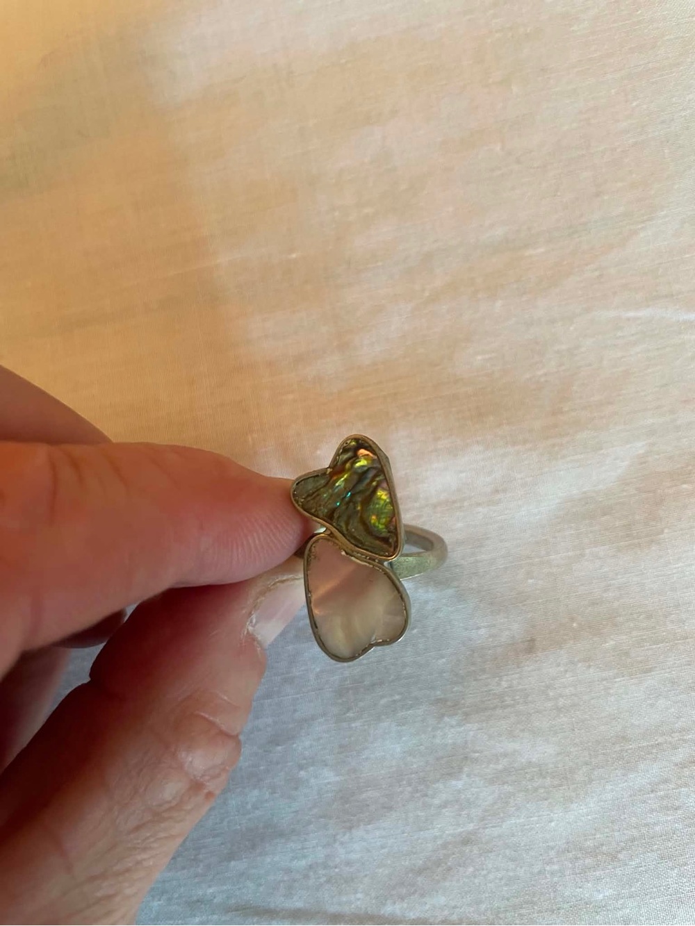 Iridescent Abalone and Mother-of-Pearl heart Ring - Silver Tone
